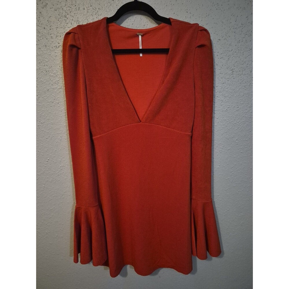 Free People Talk About It Mini Dress Red Bell Sleeve V-Neck Stretch Size S EUC - Picture 2 of 8